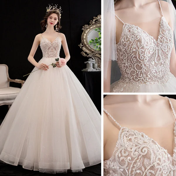 Affordable Champagne Wedding Dresses 2020 A-Line / Princess Spaghetti Straps Sleeveless Backless Glitter Tulle Appliques Lace Beading Floor-Length / Long Ruffle