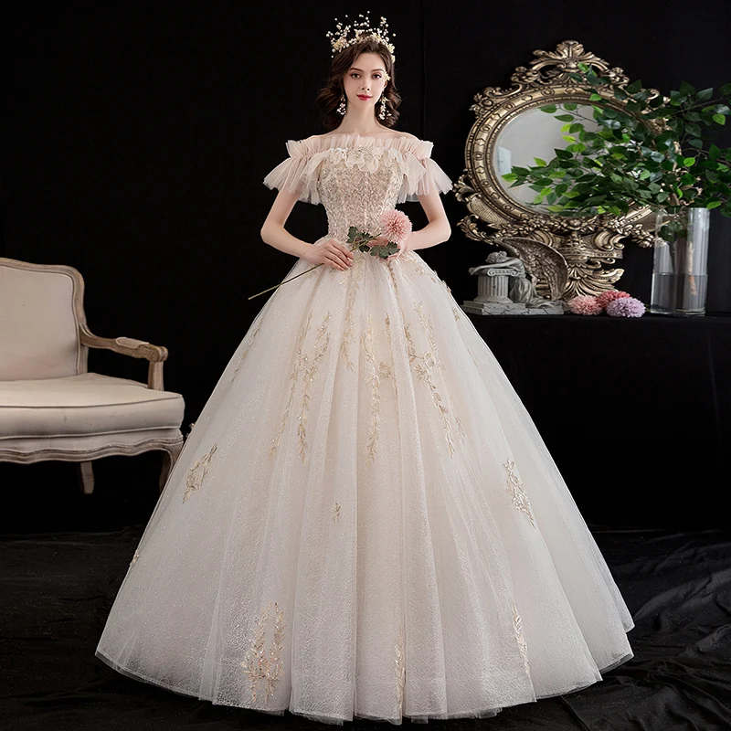 Rimelig Champagne Brudekjoler 2020 Prinsesse Kjæreste Avtakbar Korte Ermer Ryggløse Glitter Tyll Beading Lange Buste