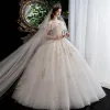 Niedrogie Szampan Suknie Ślubne 2020 Księżniczki Kochanie odpinany Kótkie Rękawy Bez Pleców Cekinami Tiulowe Frezowanie Długie Wzburzyć