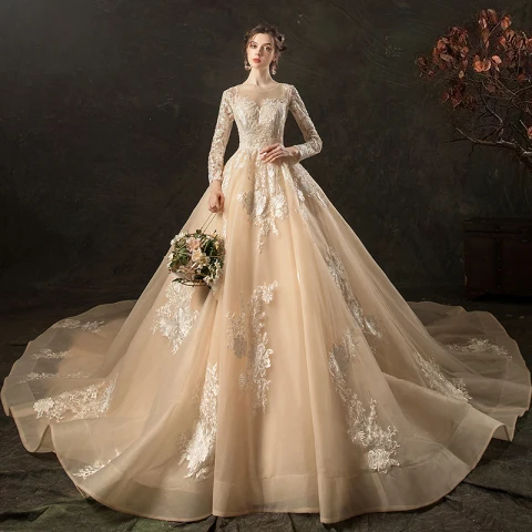 Charmant Champagne Transparentes Robe De Mariée 2020 Princesse Encolure Dégagée Manches Longues Dos Nu Appliques En Dentelle Cathedral Train Volants