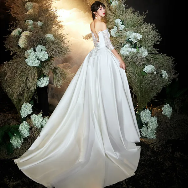 Chic / Beautiful Ivory Satin Outdoor / Garden Wedding Dresses 2020 A-Line / Princess Off-The-Shoulder 3/4 Sleeve Backless Appliques Lace Sweep Train