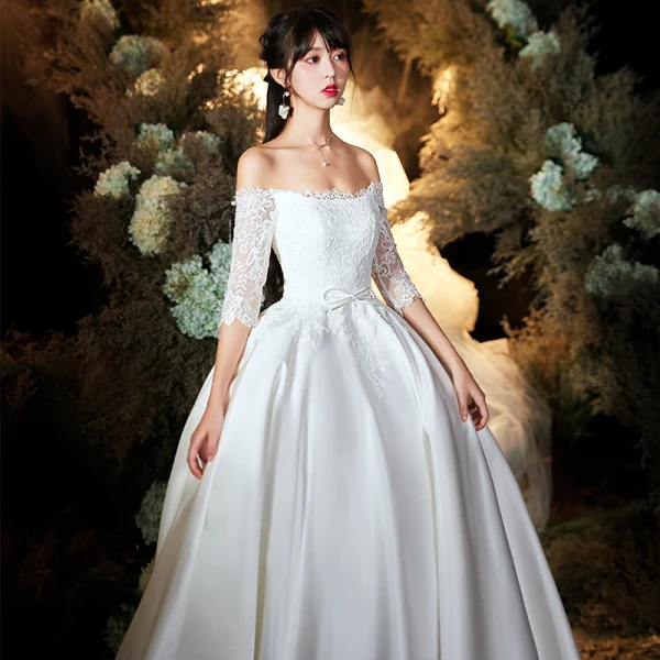 Schöne Ivory / Creme Satin Garten / Im Freien Brautkleider / Hochzeitskleider 2020 A Linie Off Shoulder 3/4 Ärmel Rückenfreies Applikationen Spitze Sweep / Pinsel Zug
