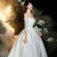 Schöne Ivory / Creme Satin Garten / Im Freien Brautkleider / Hochzeitskleider 2020 A Linie Off Shoulder 3/4 Ärmel Rückenfreies Applikationen Spitze Sweep / Pinsel Zug