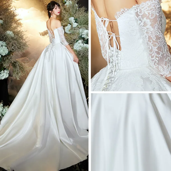 Schöne Ivory / Creme Satin Garten / Im Freien Brautkleider / Hochzeitskleider 2020 A Linie Off Shoulder 3/4 Ärmel Rückenfreies Applikationen Spitze Sweep / Pinsel Zug
