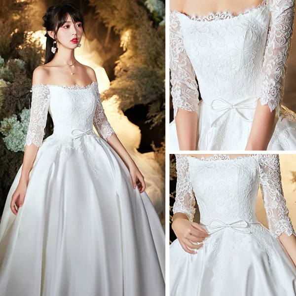 Schöne Ivory / Creme Satin Garten / Im Freien Brautkleider / Hochzeitskleider 2020 A Linie Off Shoulder 3/4 Ärmel Rückenfreies Applikationen Spitze Sweep / Pinsel Zug