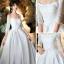 Schöne Ivory / Creme Satin Garten / Im Freien Brautkleider / Hochzeitskleider 2020 A Linie Off Shoulder 3/4 Ärmel Rückenfreies Applikationen Spitze Sweep / Pinsel Zug