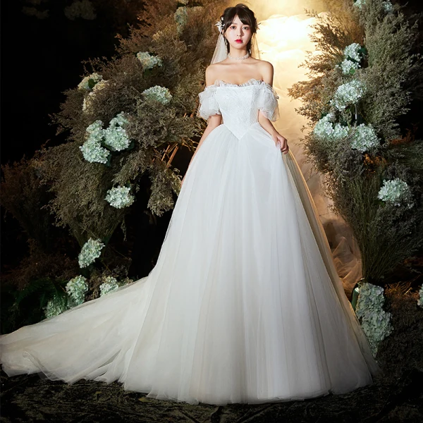 Chic / Beautiful Ivory Wedding Dresses 2020 A-Line / Princess Off-The-Shoulder  Puffy Short Sleeve Backless