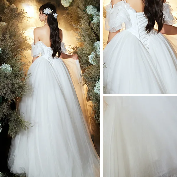 Schöne Ivory / Creme Brautkleider / Hochzeitskleider 2020 A Linie Off Shoulder Geschwollenes Kurze Ärmel Rückenfreies Applikationen Spitze Rüschen Sweep / Pinsel Zug