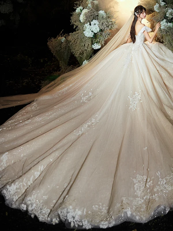 Chic / Beautiful Champagne Wedding Dresses 2020 Ball Gown Off-The-Shoulder Short Sleeve Backless Glitter Tulle Appliques Lace Flower Beading Cathedral Train Ruffle