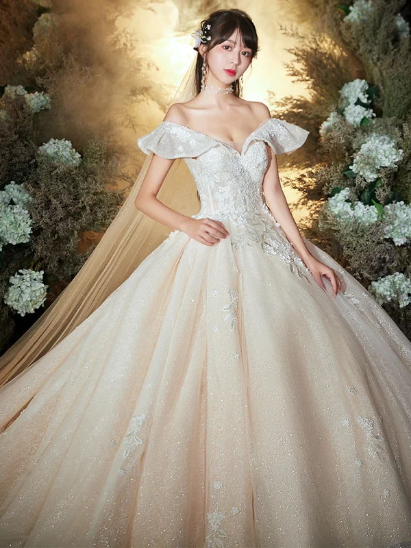 Chic / Beautiful Champagne Wedding Dresses 2020 Ball Gown Off-The-Shoulder Short Sleeve Backless Glitter Tulle Appliques Lace Flower Beading Cathedral Train Ruffle