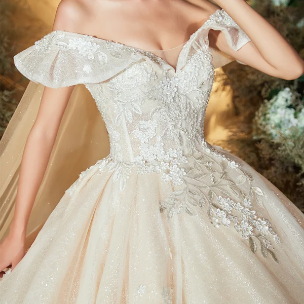 Chic / Beautiful Champagne Wedding Dresses 2020 Ball Gown Off-The-Shoulder Short Sleeve Backless Glitter Tulle Appliques Lace Flower Beading Cathedral Train Ruffle
