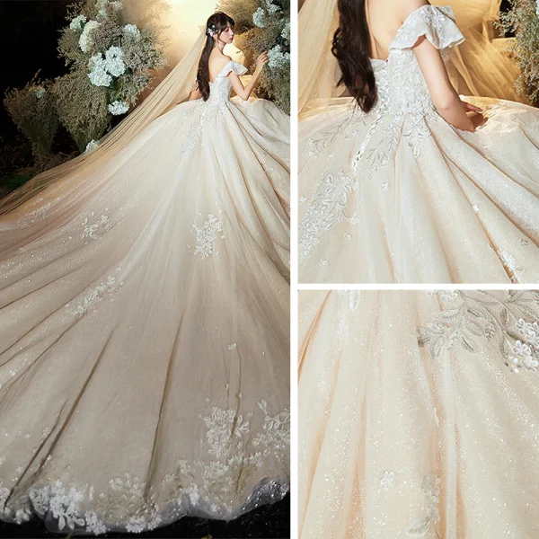 Chic / Beautiful Champagne Wedding Dresses 2020 Ball Gown Off-The-Shoulder Short Sleeve Backless Glitter Tulle Appliques Lace Flower Beading Cathedral Train Ruffle
