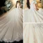 Chic / Beautiful Champagne Wedding Dresses 2020 Ball Gown Off-The-Shoulder Short Sleeve Backless Glitter Tulle Appliques Lace Flower Beading Cathedral Train Ruffle