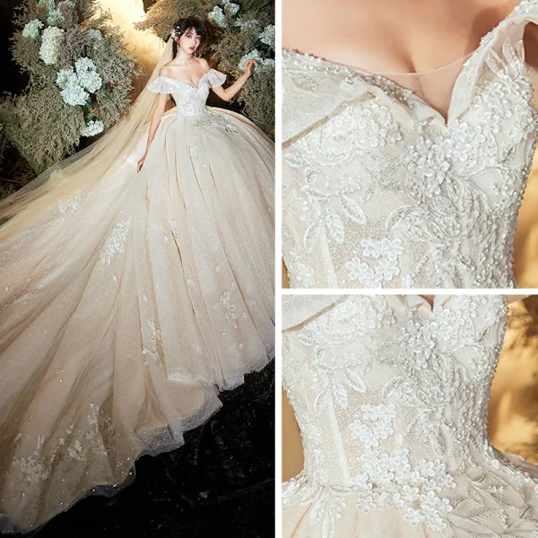 Chic / Beautiful Champagne Wedding Dresses 2020 Ball Gown Off-The-Shoulder Short Sleeve Backless Glitter Tulle Appliques Lace Flower Beading Cathedral Train Ruffle