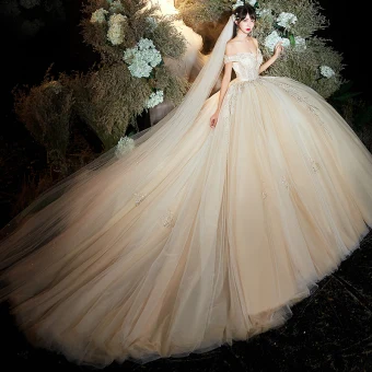 Luxury Gorgeous Champagne Wedding Dresses 2020 Ball Gown Off The Shoulder Short Sleeve Backless Appliques Lace Beading Sequins Chapel Train Ruffle
