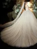 Luxury / Gorgeous Champagne Wedding Dresses 2020 Ball Gown Off-The-Shoulder Short Sleeve Backless Appliques Lace Beading Sequins Chapel Train Ruffle