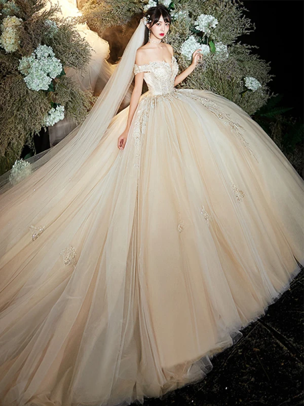 Luxury / Gorgeous Champagne Wedding Dresses 2020 Ball Gown Off-The-Shoulder Short Sleeve Backless Appliques Lace Beading Sequins Chapel Train Ruffle