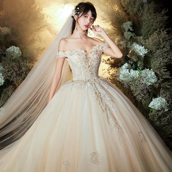Luxury / Gorgeous Champagne Wedding Dresses 2020 Ball Gown Off-The-Shoulder Short Sleeve Backless Appliques Lace Beading Sequins Chapel Train Ruffle
