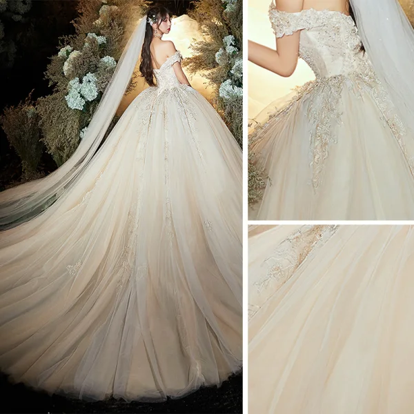 Luxury / Gorgeous Champagne Wedding Dresses 2020 Ball Gown Off-The-Shoulder Short Sleeve Backless Appliques Lace Beading Sequins Chapel Train Ruffle