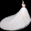 Stunning Champagne Wedding Dresses 2020 Ball Gown Beading Spaghetti Straps Sleeveless Backless Royal Train Ruffle