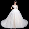 Stunning Champagne Wedding Dresses 2020 Ball Gown Beading Spaghetti Straps Sleeveless Backless Royal Train Ruffle