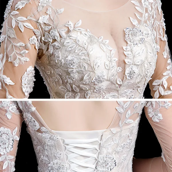 Charmant Champagne Transparentes Robe De Mariée 2020 Robe Boule Encolure Dégagée 3/4 Manches Dos Nu Appliques En Dentelle Perlage Royal Train Volants