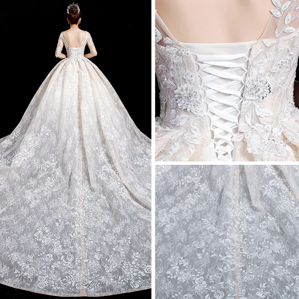 Charmant Champagne Transparentes Robe De Mariée 2020 Robe Boule Encolure Dégagée 3/4 Manches Dos Nu Appliques En Dentelle Perlage Royal Train Volants