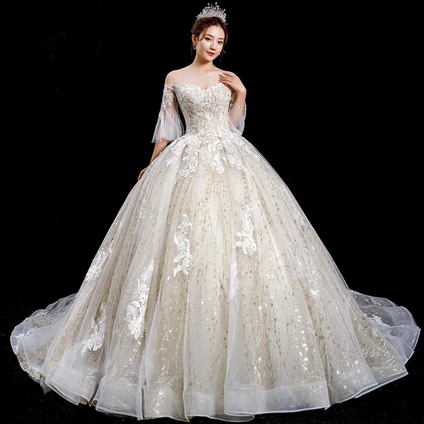 High-end Champagne Wedding Dresses 2020 Ball Gown Off-The-Shoulder Bell sleeves Backless Glitter Tulle Appliques Lace Beading Royal Train Ruffle