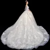 High-end Champagne Wedding Dresses 2020 Ball Gown Off-The-Shoulder Bell sleeves Backless Glitter Tulle Appliques Lace Beading Royal Train Ruffle