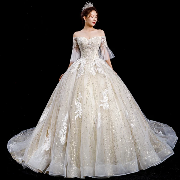 High-end Champagne Wedding Dresses 2020 Ball Gown Off-The-Shoulder Bell sleeves Backless Glitter Tulle Appliques Lace Beading Royal Train Ruffle
