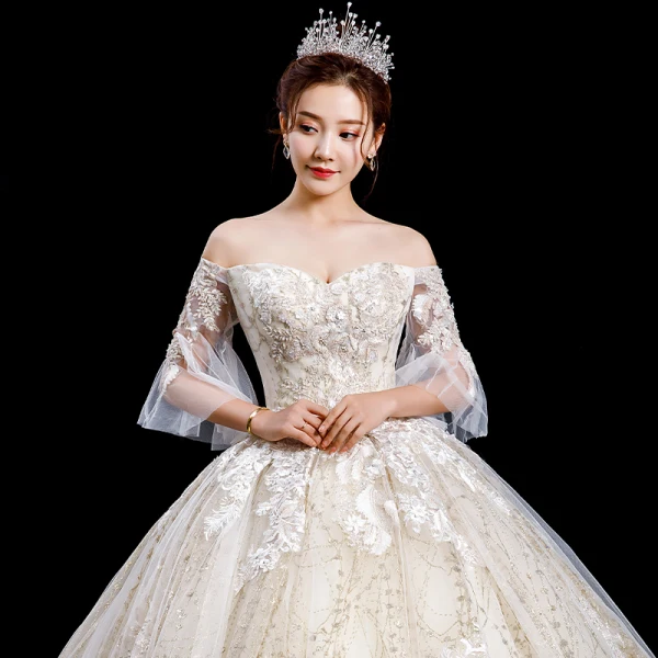 High-end Champagne Wedding Dresses 2020 Ball Gown Off-The-Shoulder Bell sleeves Backless Glitter Tulle Appliques Lace Beading Royal Train Ruffle