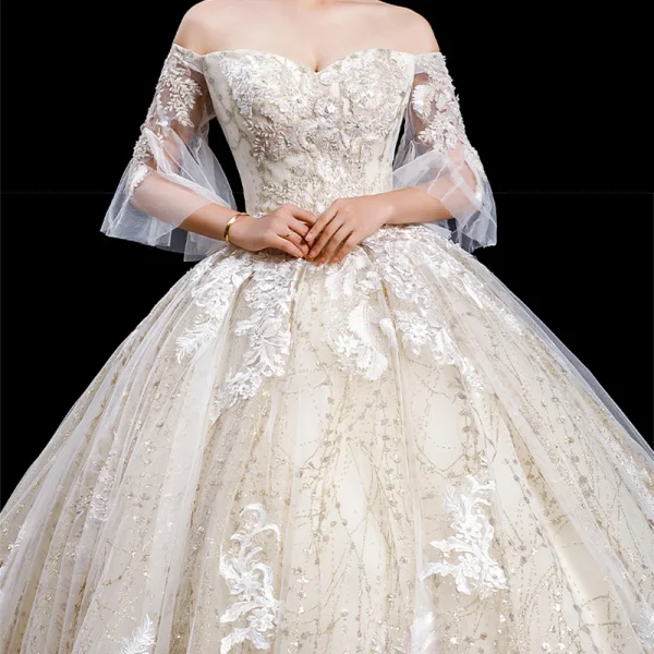 High-end Champagne Wedding Dresses 2020 Ball Gown Off-The-Shoulder Bell sleeves Backless Glitter Tulle Appliques Lace Beading Royal Train Ruffle