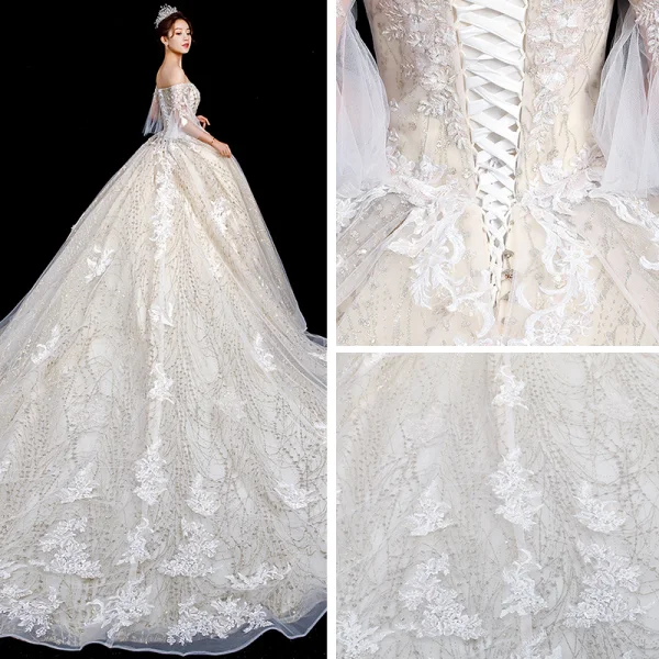 High-end Champagne Wedding Dresses 2020 Ball Gown Off-The-Shoulder Bell sleeves Backless Glitter Tulle Appliques Lace Beading Royal Train Ruffle
