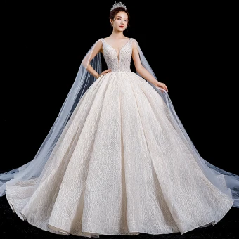 High End Champagne Wedding Dresses 2020 Ball Gown Deep V Neck Sleeveless Backless Appliques Lace Sequins Beading Watteau Train Ruffle