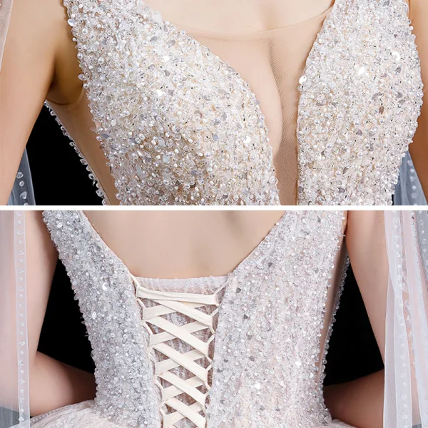 High-end Champagne Wedding Dresses 2020 Ball Gown Deep V-Neck Sleeveless Backless Appliques Lace Sequins Beading Watteau Train Ruffle