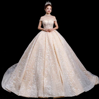 High End Champagne Wedding Dresses 2020 Ball Gown Off The Shoulder Short Sleeve Backless Sequins Beading Cathedral Train Ruffle