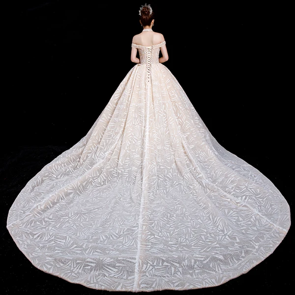 High-end Champagne Wedding Dresses 2020 Ball Gown Off-The-Shoulder Short Sleeve Backless Sequins Beading Cathedral Train Ruffle