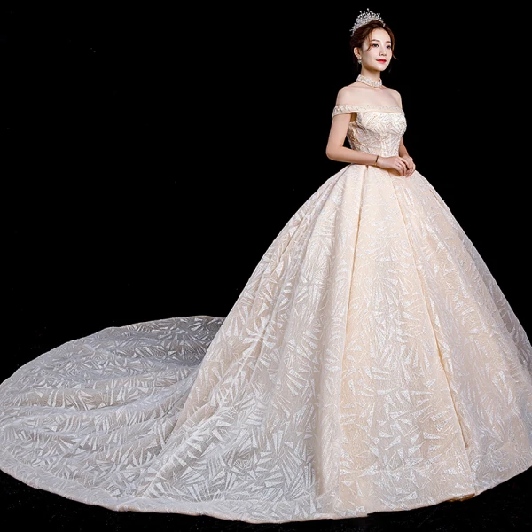 High-end Champagne Wedding Dresses 2020 Ball Gown Off-The-Shoulder Short Sleeve Backless Sequins Beading Cathedral Train Ruffle