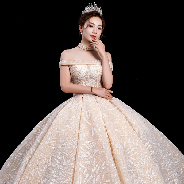 High-end Champagne Wedding Dresses 2020 Ball Gown Off-The-Shoulder Short Sleeve Backless Sequins Beading Cathedral Train Ruffle