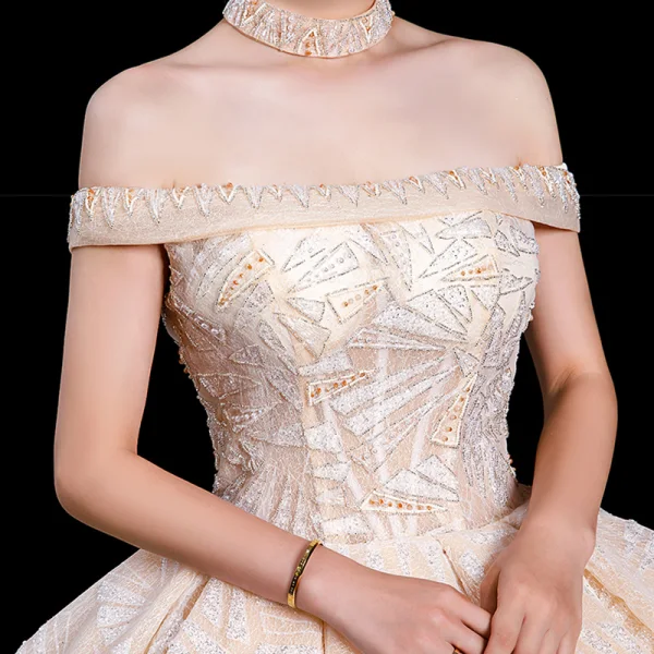 High-end Champagne Wedding Dresses 2020 Ball Gown Off-The-Shoulder Short Sleeve Backless Sequins Beading Cathedral Train Ruffle