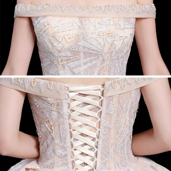 High-end Champagne Wedding Dresses 2020 Ball Gown Off-The-Shoulder Short Sleeve Backless Sequins Beading Cathedral Train Ruffle