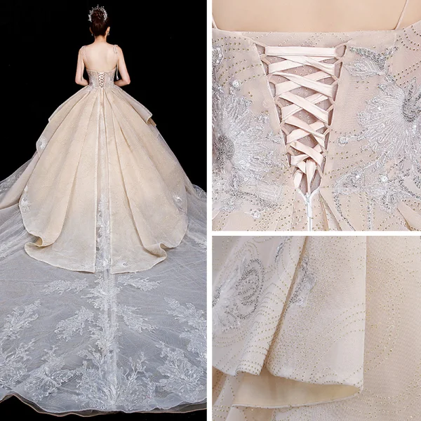 Atemberaubend Champagner Brautkleider / Hochzeitskleider 2020 Ballkleid Spaghettiträger Ärmellos Rückenfreies Glanz Tülle Applikationen Spitze Perlenstickerei Königliche Schleppe Rüschen