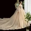 Schöne Champagner Durchsichtige Brautkleider / Hochzeitskleider 2020 Ballkleid Eckiger Ausschnitt Lange Ärmel Rückenfreies Glanz Tülle Applikationen Spitze Perlenstickerei Kathedrale Schleppe Rüschen