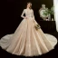 Schöne Champagner Durchsichtige Brautkleider / Hochzeitskleider 2020 Ballkleid Eckiger Ausschnitt Lange Ärmel Rückenfreies Glanz Tülle Applikationen Spitze Perlenstickerei Kathedrale Schleppe Rüschen
