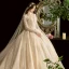 Schöne Champagner Durchsichtige Brautkleider / Hochzeitskleider 2020 Ballkleid Eckiger Ausschnitt Lange Ärmel Rückenfreies Glanz Tülle Applikationen Spitze Perlenstickerei Kathedrale Schleppe Rüschen