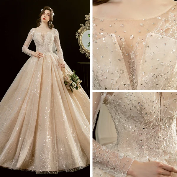 Schöne Champagner Durchsichtige Brautkleider / Hochzeitskleider 2020 Ballkleid Eckiger Ausschnitt Lange Ärmel Rückenfreies Glanz Tülle Applikationen Spitze Perlenstickerei Kathedrale Schleppe Rüschen