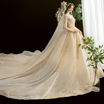 Chic Belle Champagne Transparentes Robe De Mariée 2020 Robe Boule Encolure Dégagée 3 4 Manches Dos Nu Glitter Tulle Appliques En Dentelle Perlage Cathedral Train Volants