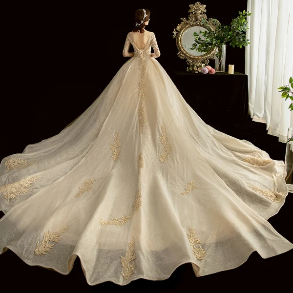 Chic / Beautiful Champagne See-through Wedding Dresses 2020 Ball Gown Scoop Neck 3/4 Sleeve Backless Glitter Tulle Appliques Lace Beading Cathedral Train Ruffle
