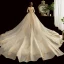 Chic / Beautiful Champagne See-through Wedding Dresses 2020 Ball Gown Scoop Neck 3/4 Sleeve Backless Glitter Tulle Appliques Lace Beading Cathedral Train Ruffle