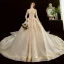 Chic / Beautiful Champagne See-through Wedding Dresses 2020 Ball Gown Scoop Neck 3/4 Sleeve Backless Glitter Tulle Appliques Lace Beading Cathedral Train Ruffle